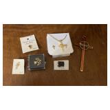 Gold tone cross necklace,  earrings , pins and