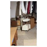 Six mid-century folding chairs and two card