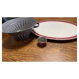 Platter Plate(approx 19.5 long), Enamel Strainer,