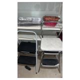 2 Cosco stools  tin pans and basket