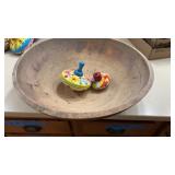 2 Tin Tops (5.25/3.75) & Wooden Bowl (19.5)