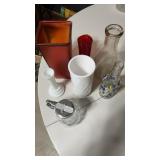 5 Glass Vases, 1 Bottle, & 1 Syrup Container