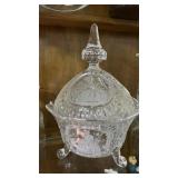 Three footed pressed /cut glass lidded candy dish