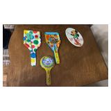 2 tin paddle noise makers , baby tin rattle and