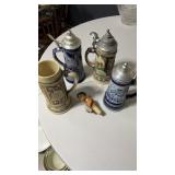 4 Steins (1 missing Top)  & Cork Stopper w/lever