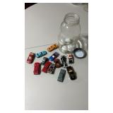 13 Mix of Hotwheels & Matchbox, Jar w/Lid, & Ping