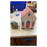 Tin Coin Bank & Cardboard Church