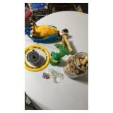 Macaw Toy(untested), Jar of Corks, Enamel Piece,