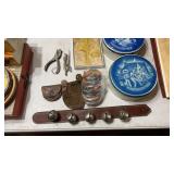 Row of Bells, Leather Coin Holders, Pins, Tins, &