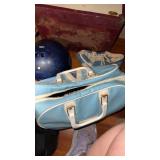 Bowling ball and shoes in vintage bag