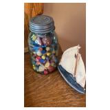Jar of wooden game pieces and more