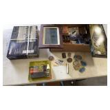 Box with Office Supplies, medallions, Stamps,