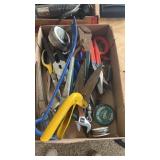 Box of mixed tools Shears ranch tape measure pop