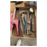 Box of mixed tools pry bars tape pipe cutter