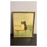 Framed girl on dock with dog black Labrador