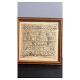 Antique framed needle work sampler signed 10 x 10