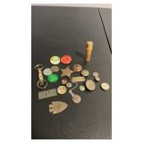 Miscellaneous group of pin backs, buttons , key