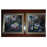 Two (2) Framed Painted Floral Tiles - Glazed -