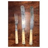 C. 1860 Bone Handle Knives & 3 Tine Fork
