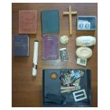 Small Box of Personal Keepsakes Stamps, Crucifix,