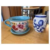 Pioneer Woman Planter & Blue & White Vase