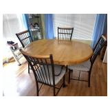 Vintage Oak Pedestal Table w/ 4 Metal Chairs