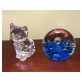 Art Glass Paperweight & Glass Cat Paperweight