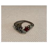 SS .925 Cresent Moon Ring w/ Red Star Garnet Ring