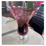 Vintage Etched Cranberry Glass Pedestal Vase