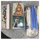 Assorted Christmas Decorations & Bag of Tapers