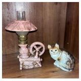 Vtg. Enesco Bisque Oil Lamp Spinning Wheel