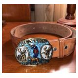 1986 Brass Hunting Belt Buckle w/ Leather Belt