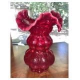 Vtg. Fenton Ruby Red Beaded Melon Ruffled Vase