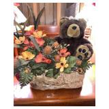 Vintage Fall Decoration w/ Silk Flowers & Bear