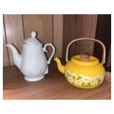 Vtg. Yellow Enamel Tea Kettle w/ Teak Handle