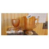 VINTAGE CARNIVAL GLASS CRACKLE PITCHER AND GOBLET