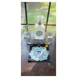 U.S. COAST GUARD DECANTER, CUPS AND STICKER