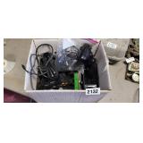 BOX OF ELECTRONICS, CORDS, CONTROLLERS PLUS