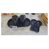 FIESTA DISH, SALT AND PEPPER SHAKERS AND SPOON HOL