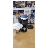 KEURIG COFFEE MAKER, KCUP HOLDER AND FLORAL DECOR