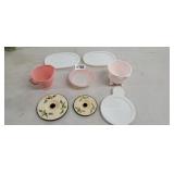 LOT OF VTG DISHES, CORNINGWARE LIDS, CROCK LIDS PL