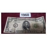1934 FIVE DOLLAR, GREEN SEAL FEDERAL RESERVE NOTE