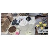 TABLE FULL *JARS, FRAMES, DECOR, SIGN, DRILL, VASE