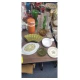 LOT OF GLASSWARE, PYREX LID, THERMOS, VASES, ETC.