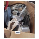 BOX OF POTS, PANS, SILVER PLATED DISHES, PLUS
