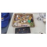 FLAT FULL OF GOODIES, PINS,  BUTTONS, WATCH, ETC.