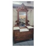 VINTAGE WOODEN MARBLED TOP VANITY *MARBLE HAS CRAC