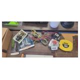 LOT OF GOODIES, BULBS, WIRING, (3) TAPE MEASURES
