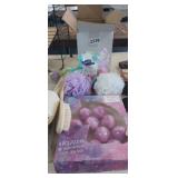 BOX FULL OF NEW BATH BOMBS, BRUSHES, LOOFAS