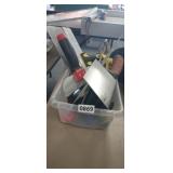 TOTE FULL OF TOOLS, TROWELS, SCRAPPERS, ETC.